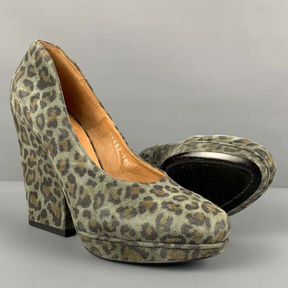 DRIES VAN NOTEN Moss Brown Suede Animal Print Platform Pumps - Picture 3 of 9